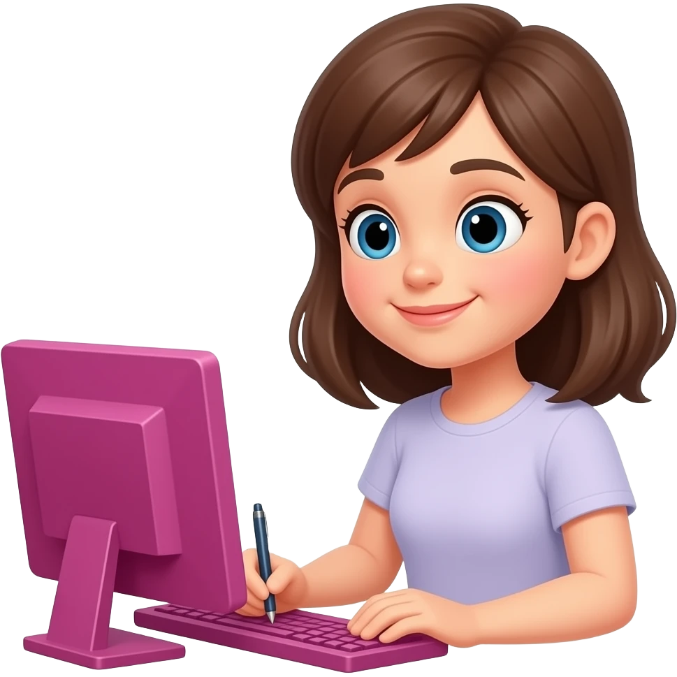 chica escribiendo con una computadora fucsia emoji
