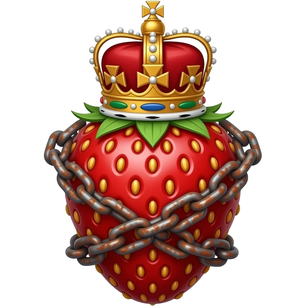steampunk style - a rusty metal structure with many rivets in the shape of a wild strawberry with a rusty, richly decorated English royal crown on top that is flaming. An oversized rusty chain is wrapped around the strawberry's body and is spinning around its body emoji