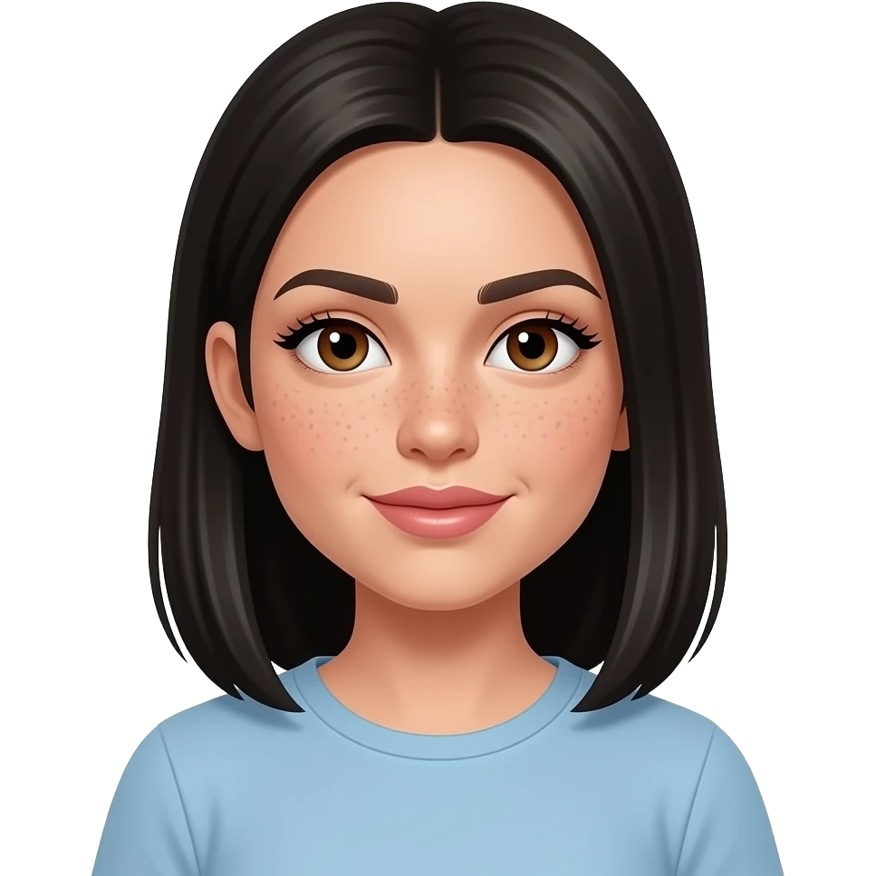 white girl, very beautiful woman, freckles, with big plump lips, long long lashes, black straight hair medium length with hair tucked behind ears, brown eyes, light blue tshirt emoji