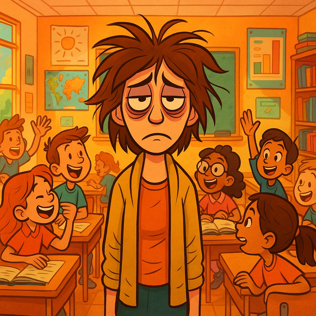 digital cartoon art of a exhausted teacher in a bustling classroom emoji
