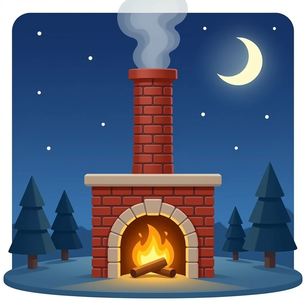 cozy red brick fireplace with a tall chimney and smoke rising from the chimney emoji
