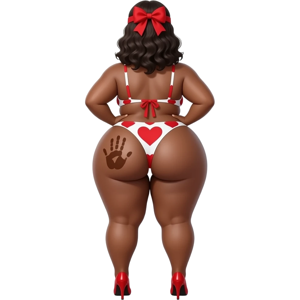 A tall really extremely fat heart shaped red and white bikini big booty bbl African showing back its massively big thighs and buttocks while putting her hands behind the wall and she has a brown colored hand print on her left buttocks and she with a red bow tie on her head wearing red high heels emoji