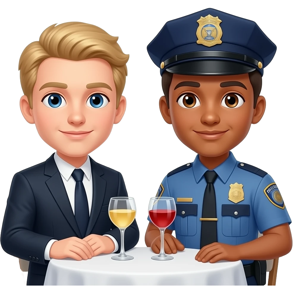 Make a young gay couple on a Date , one has light Skin with Blond Hair and Blue Eyes, the other one has slightly brown skin witz dark Brown Hair and Brown Eyes. The blond one is dressed as a banker, the brown one is dressed as a police officer. emoji