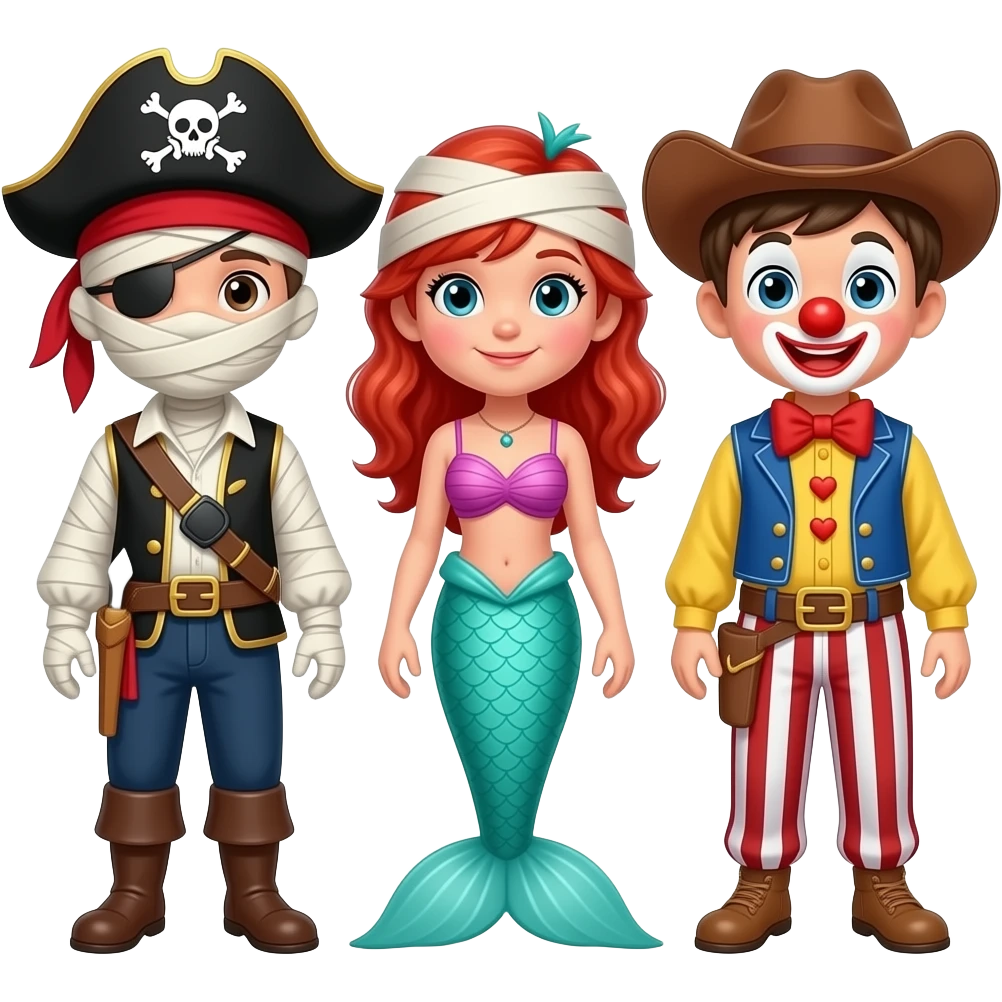 Boy wearing a mummy costume boy wearing a pirate costume boy wearing mermaid costume  boy wearing cowboy costume boy wearing clown costume emoji