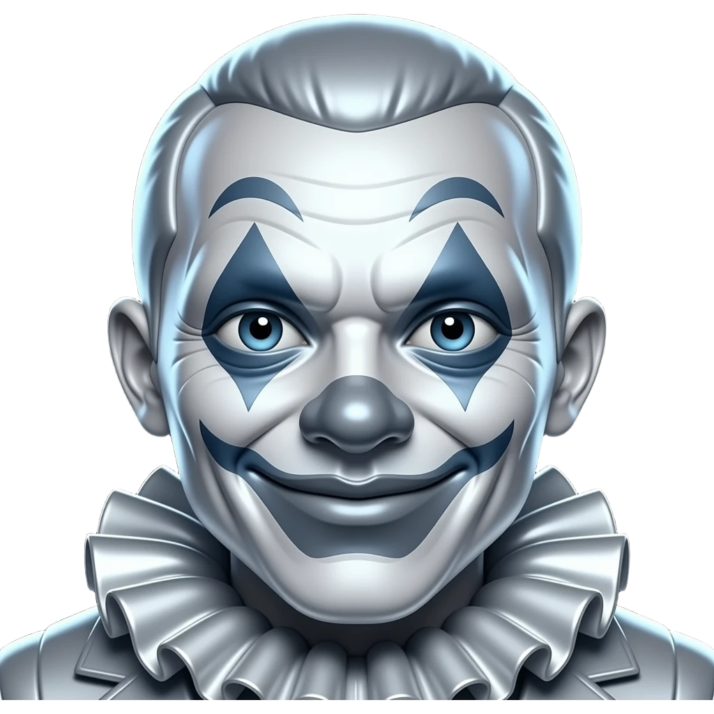 Silver clown, black background, high contrast, mostly monochrome, minimalist futuristic design, metallic texture, smooth surface, smooth texture with soft neon hues, smooth, futuristic, minimalist emoji