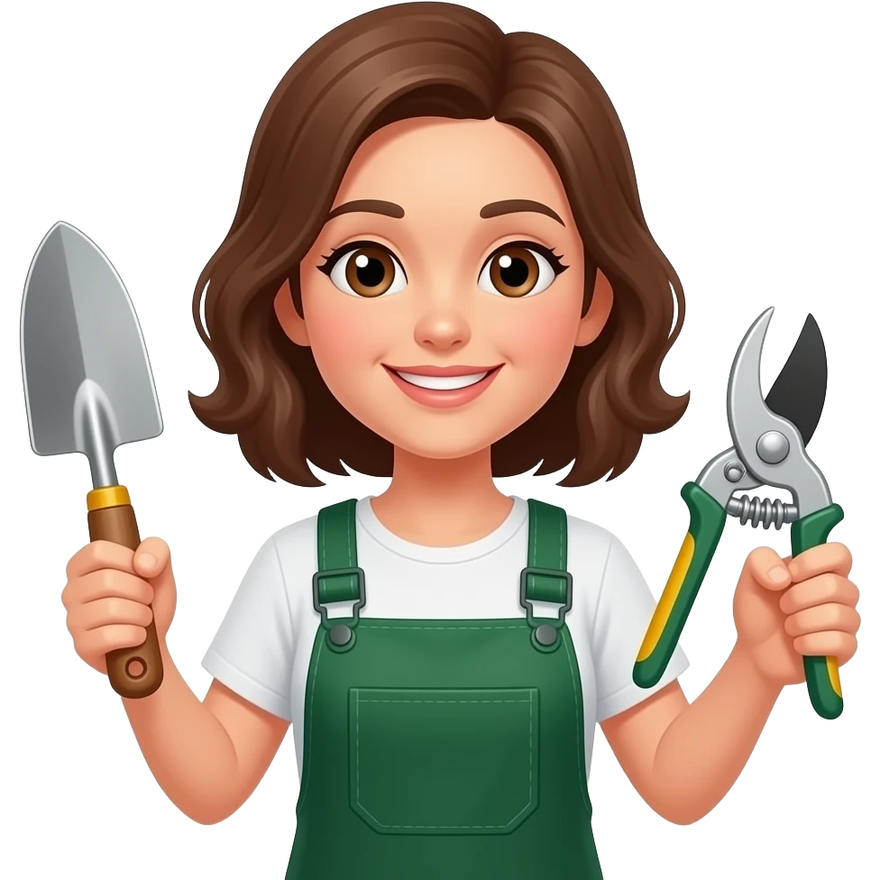 Gardener female brown hair brown eyes pretty holding garden tools emoji