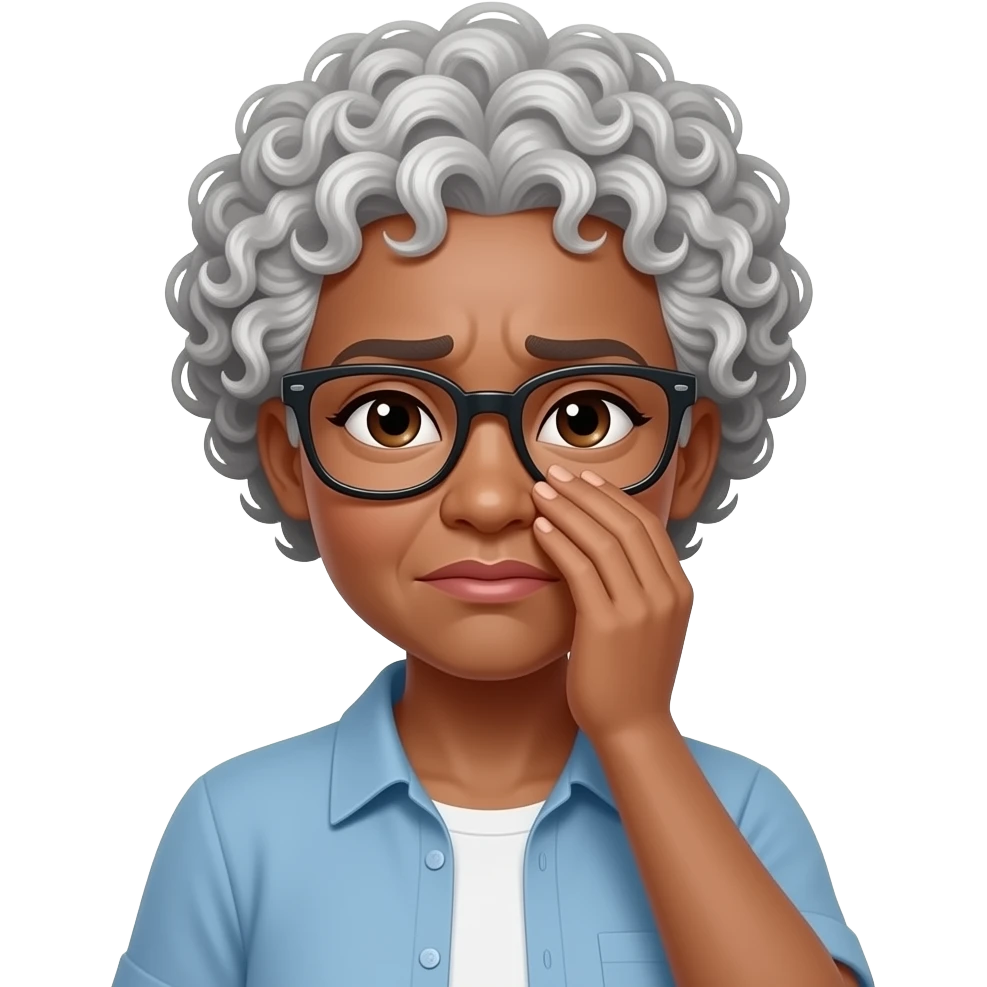 66 year old african american woman in glasses with short natural salt and pepper curly afro face palming emoji