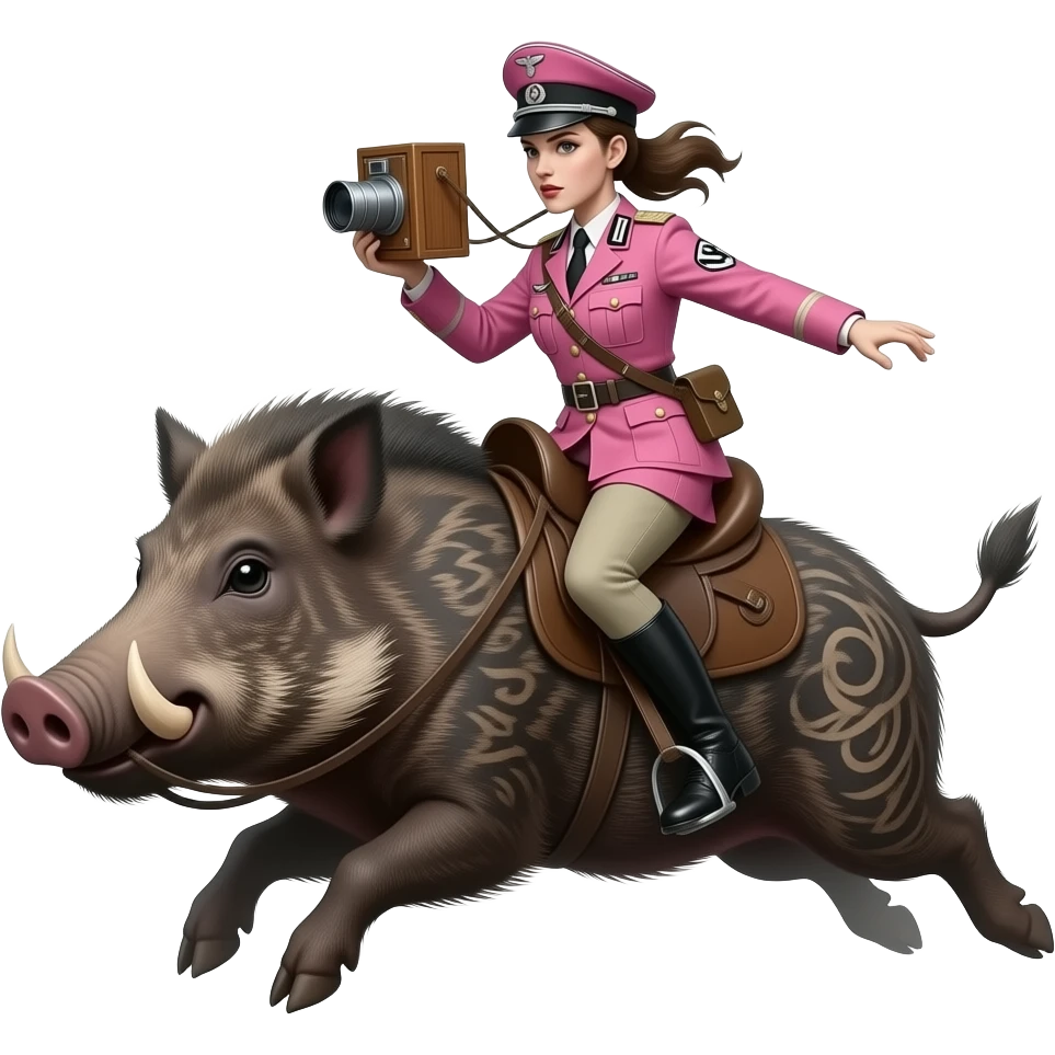 steampunk surreal - creepy female rider in pink WWII German army uniform jumping on a large tattooed boar with a wooden daguerreotype camera emoji