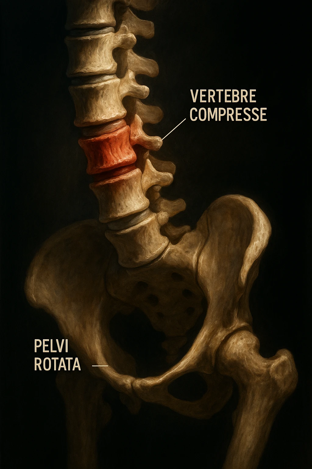 realistic and cinematic anatomical illustration, lateral view showing only compressed vertebrae due to rotated pelvis, clearly highlight compressed vertebrae, detailed anatomy, dramatic clinical lighting, Italian captions, aspect ratio 2:3 emoji