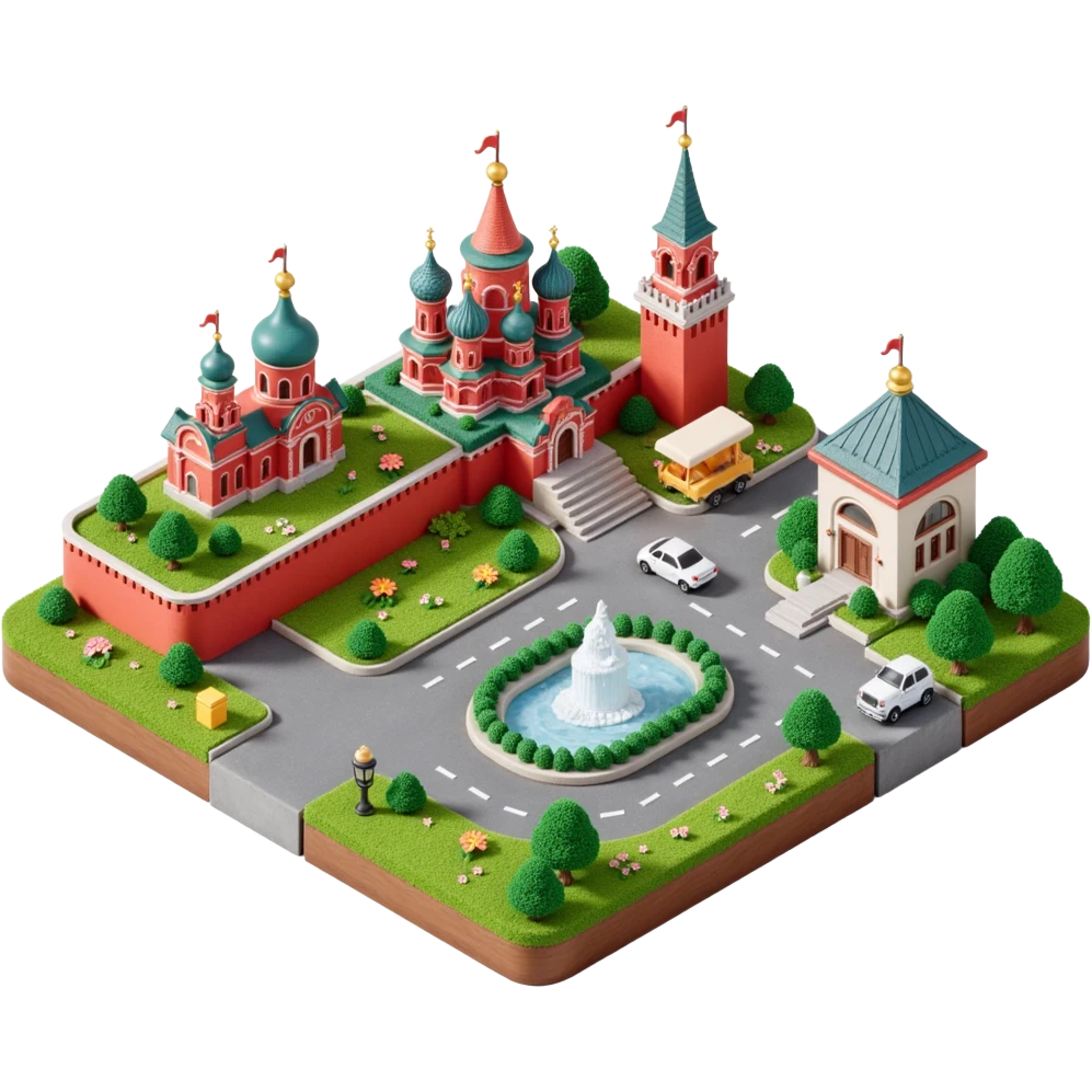 Isometric miniature 3D city with iconic landmarks of Moscow, colorful stylized buildings, cartoon realism emoji