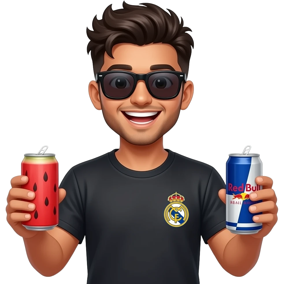 Indian young boy, athlete build laughing,, late teens, with light trimmed beard, side fades with messy spikes hairstyle, drinking red watermelon Can Red Bull with big dark black wayfarers and Real Madrid logo tshirt emoji