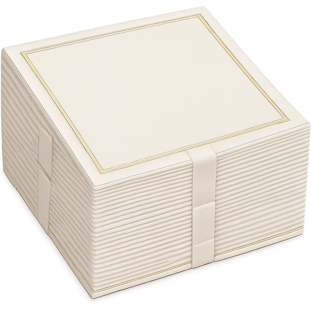 Add a subtle and elegant colored border to the stack of soft white paper napkins. Maintain soft lighting and subtle shadows. The background should be transparent with no background visible. emoji