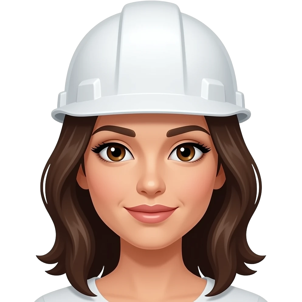 Arquitecta-ojos marrones oscuros  -pestañas-piel-morena clara-pelo-marron oscuro-por-los-hombros y casco blanco emoji