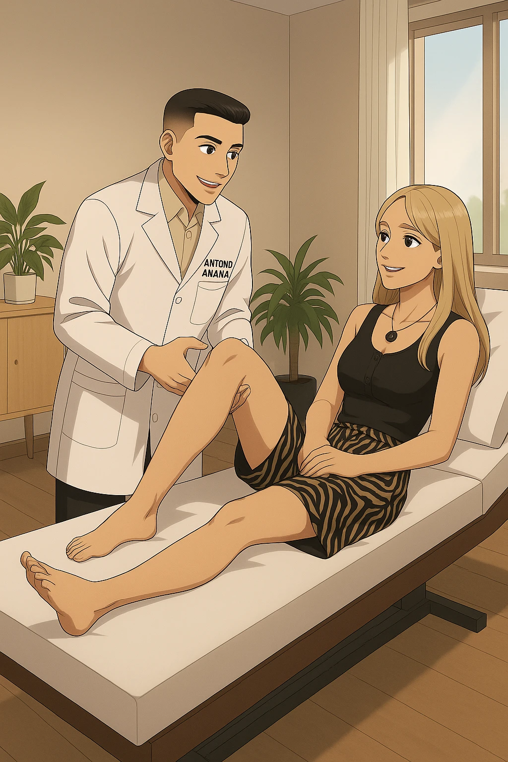 fai un webtoon/manga a colori con questo kinesiologo in camice bianco (fagli la scritta "ANTONIO ANANIA" SUL CAMICE) CHE SVOLGE UN TEST NEUROMUSCOLARE SOLLEVANDO UNA GAMBA ALLA RAGAZZA CHE è STESA SU UN LETTINO BIANCO. STANZA SEMPLICE E MODERNA, DURANTE IL TEST I DUE DIALOGANO TRA LORO. NON FARE I FUMETTI, FAI SOLO LORO COME SE DIALOGASSERO emoji