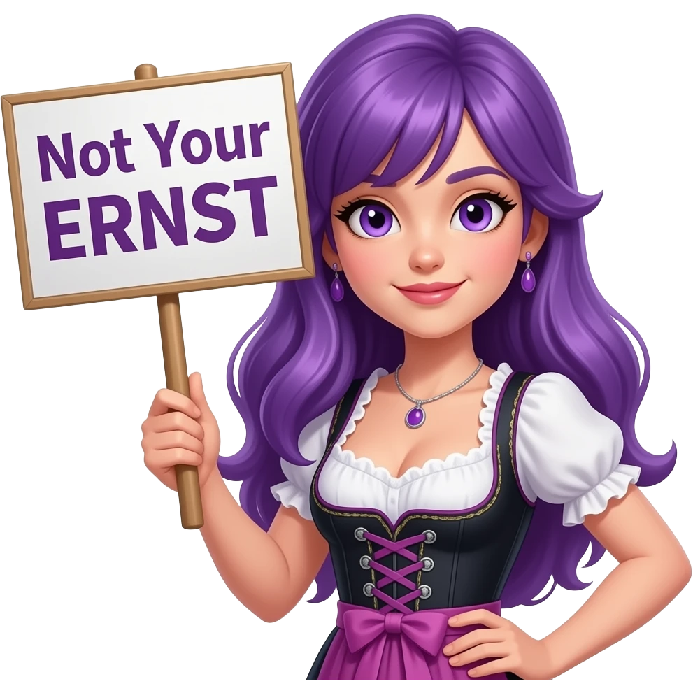 sexy girl with long purple hair and purple eyes wearing a dirndl holding a Not Your ERNST sign emoji