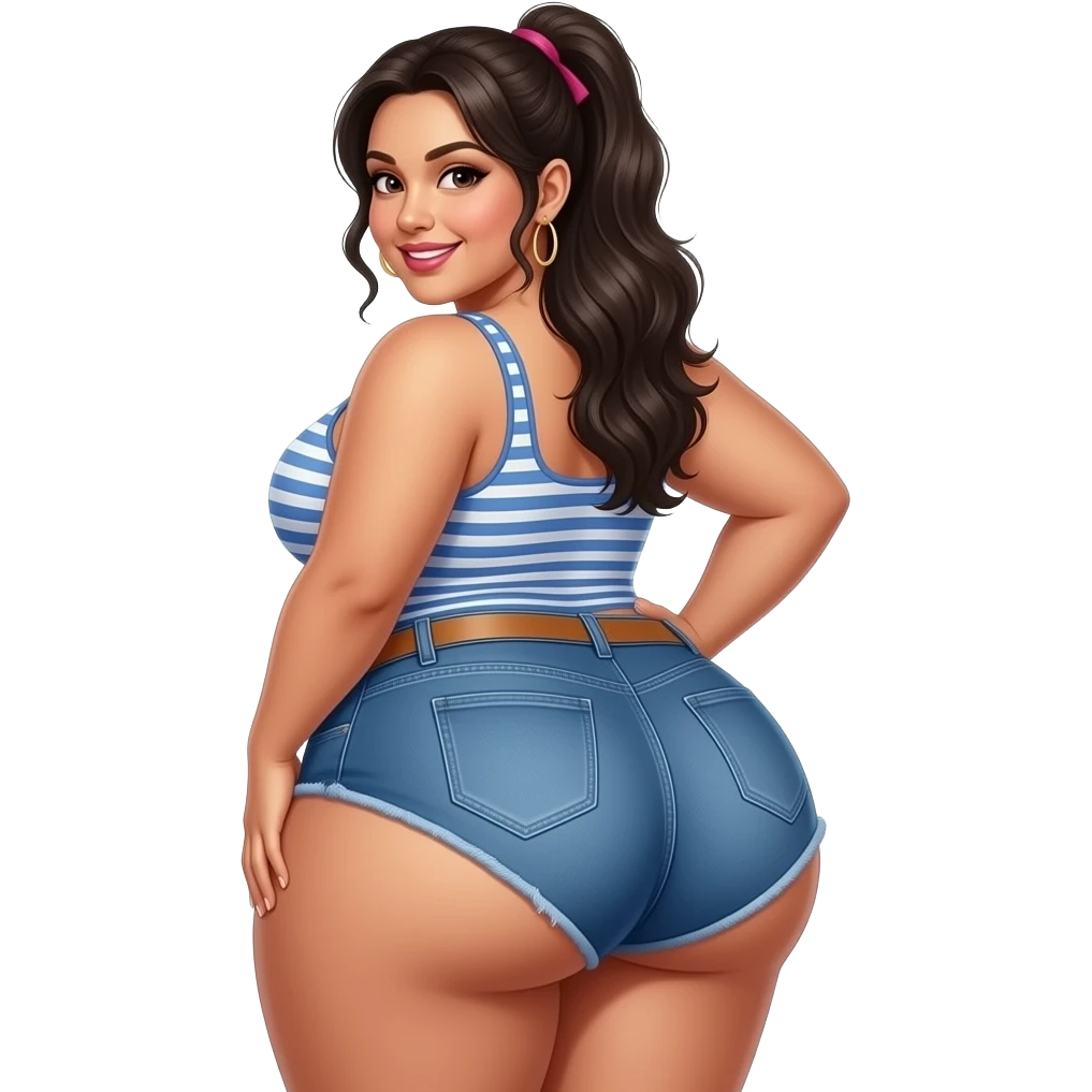 A fat big booty Latina showing her back thighs and buttocks with a beautiful smile while touching her buttocks emoji