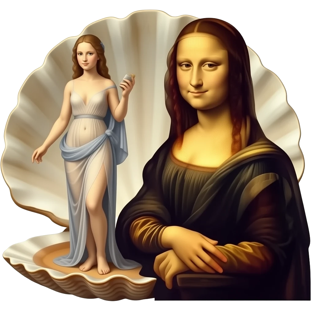 cinematic steampunk - the ethereal body of Venus from Sandro Botticelli's painting, standing in a decaying shell, but with the face of Da Vinci's Mona Lisa emoji