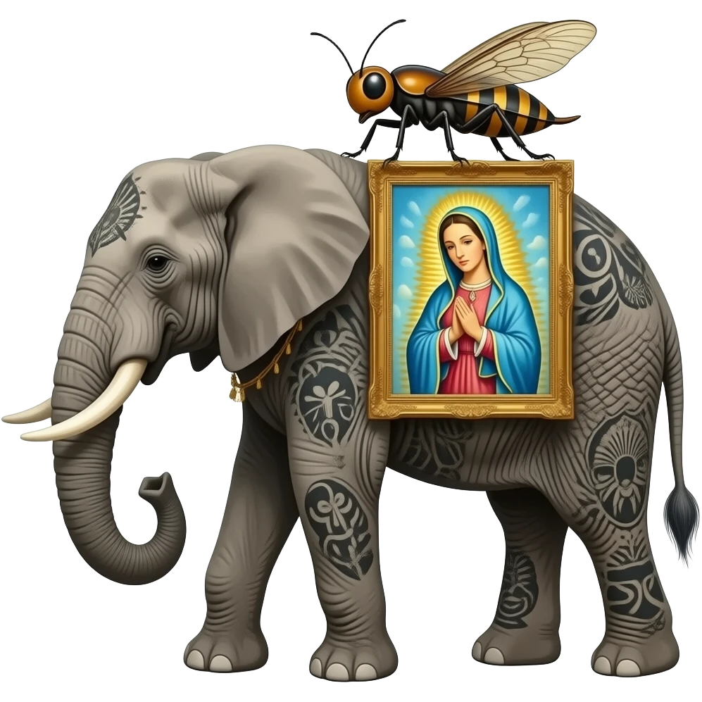 steampunk - a tattooed elephant with long legs, an insect from Salvador Dali's paintings, carrying an ethereal Madonna on its back emoji