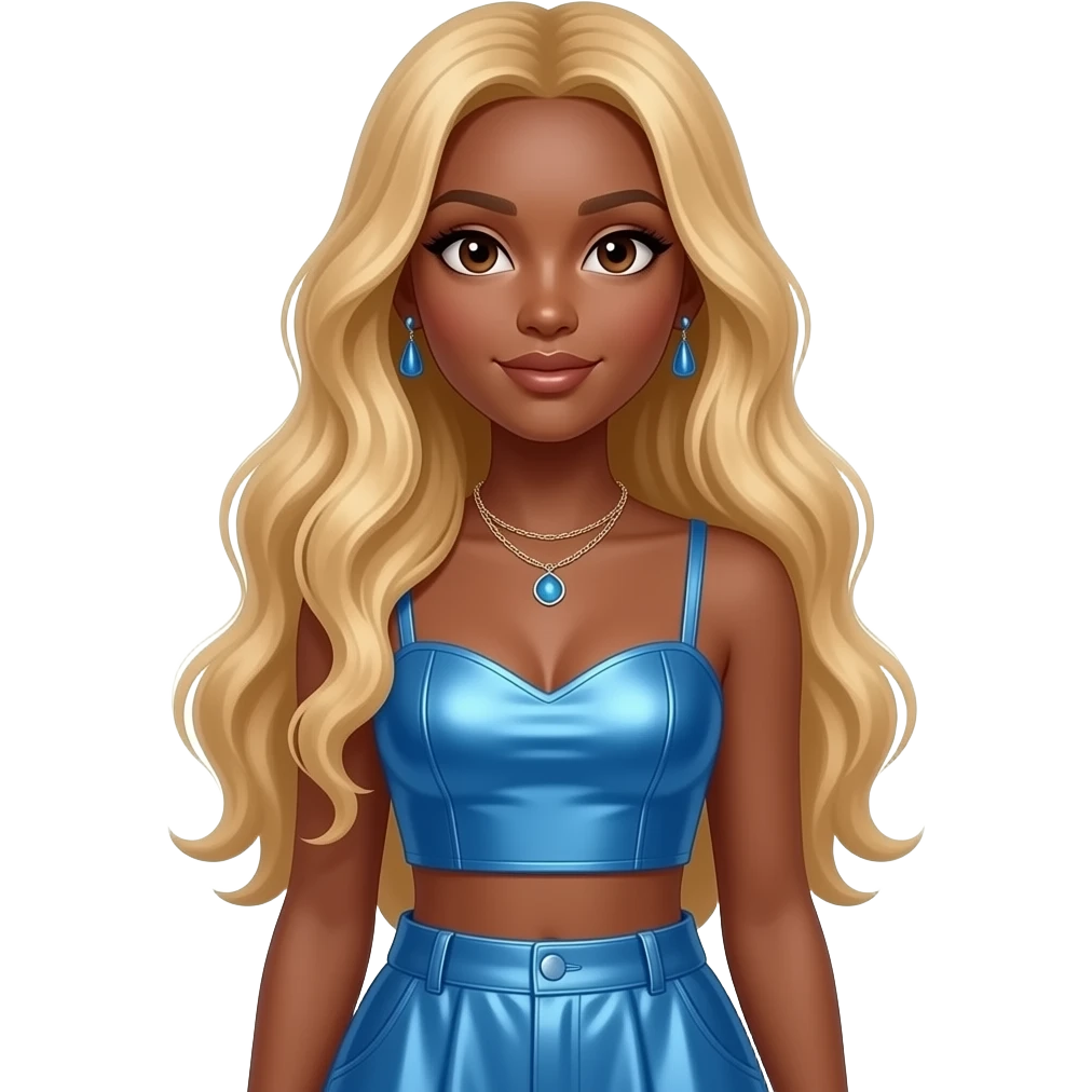 Victoria Monét with brown skin, brown eyes, long blonde hair, blue metallic sweetheart crop top, blue metallic baggy skirt, necklace and earrings emoji