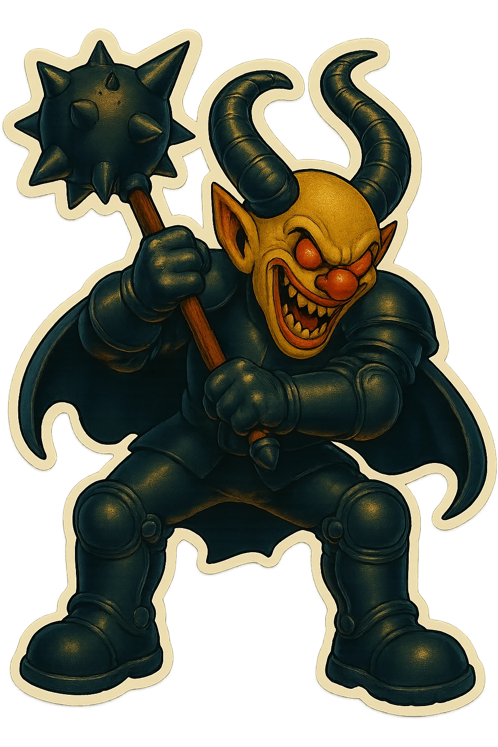A menacing armored clown with ram horns, holding a mace with an oversized spiked head, wearing a short cape and glossy black on matte black armor, with large but not comically oversized black clown shoes, full body, vibrant retro stickers style, no yellow aged tint, glowing gold-red eyes, transparent background. emoji