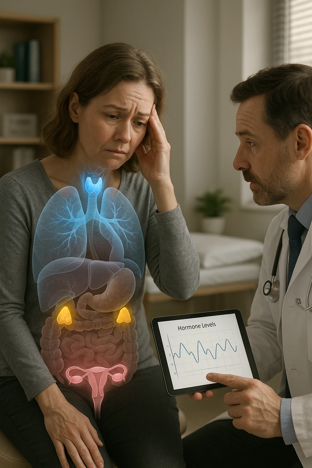 Realistic, vertical medical scene: a woman sits in a doctor’s office, looking fatigued and concerned. A semi-transparent overlay shows her internal organs, with the thyroid, ovaries, and adrenal glands glowing or pulsing in different colors to indicate hormonal imbalance. The doctor points to a digital tablet displaying fluctuating hormone levels. The mood is informative and empathetic. emoji