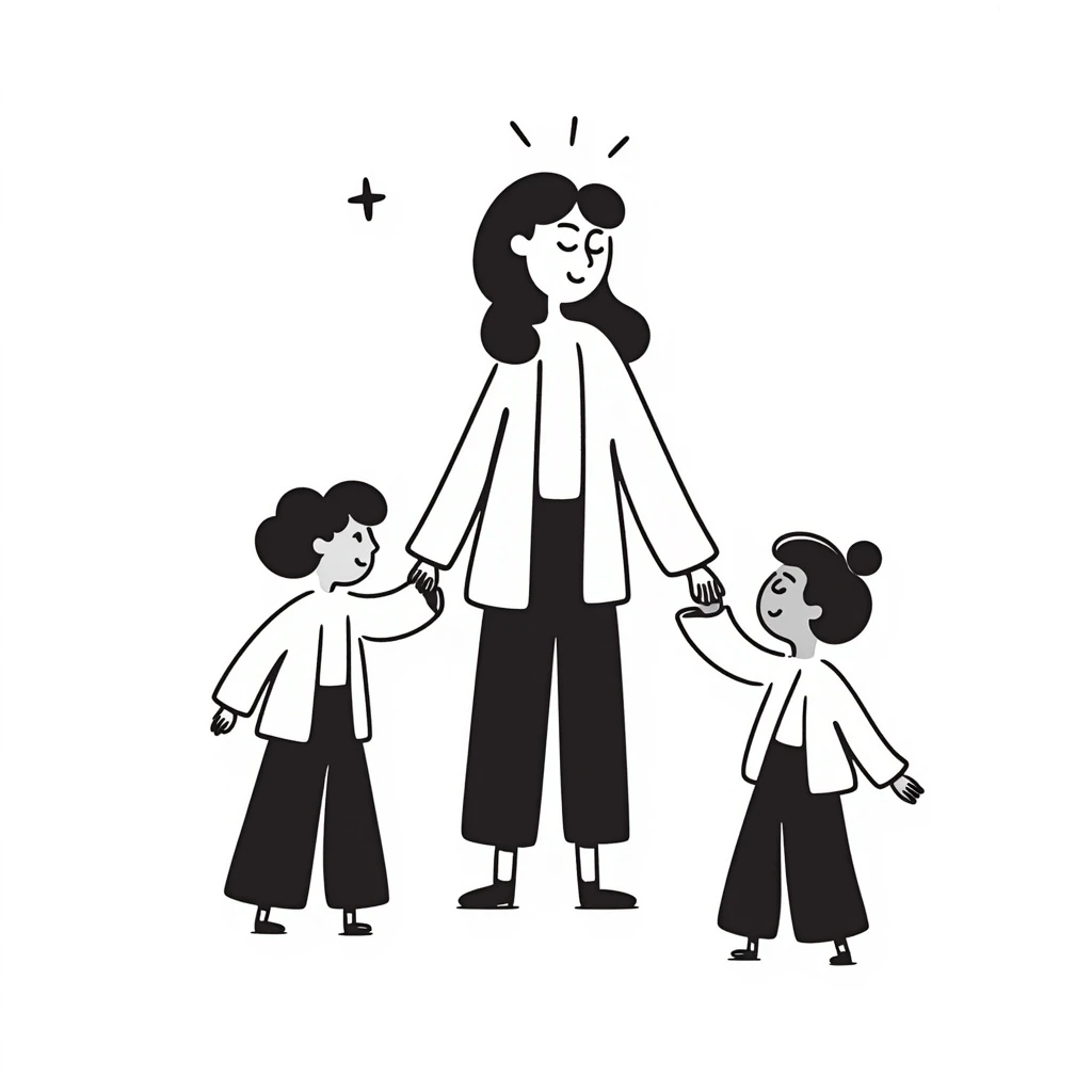 hand-drawn warm illustration of a caring teacher with open arms, a subtle star motif above, and people approaching with trust emoji