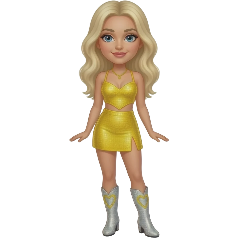 Sabrina Carpenter platinum blonde hair wears a vibrant yellow sequined two-piece set featuring a halter-style crop top with a pointed hem and a matching mini skirt with a slit . Silvery glittery rhinestone boots with heart cut out at side and yellow outline emoji