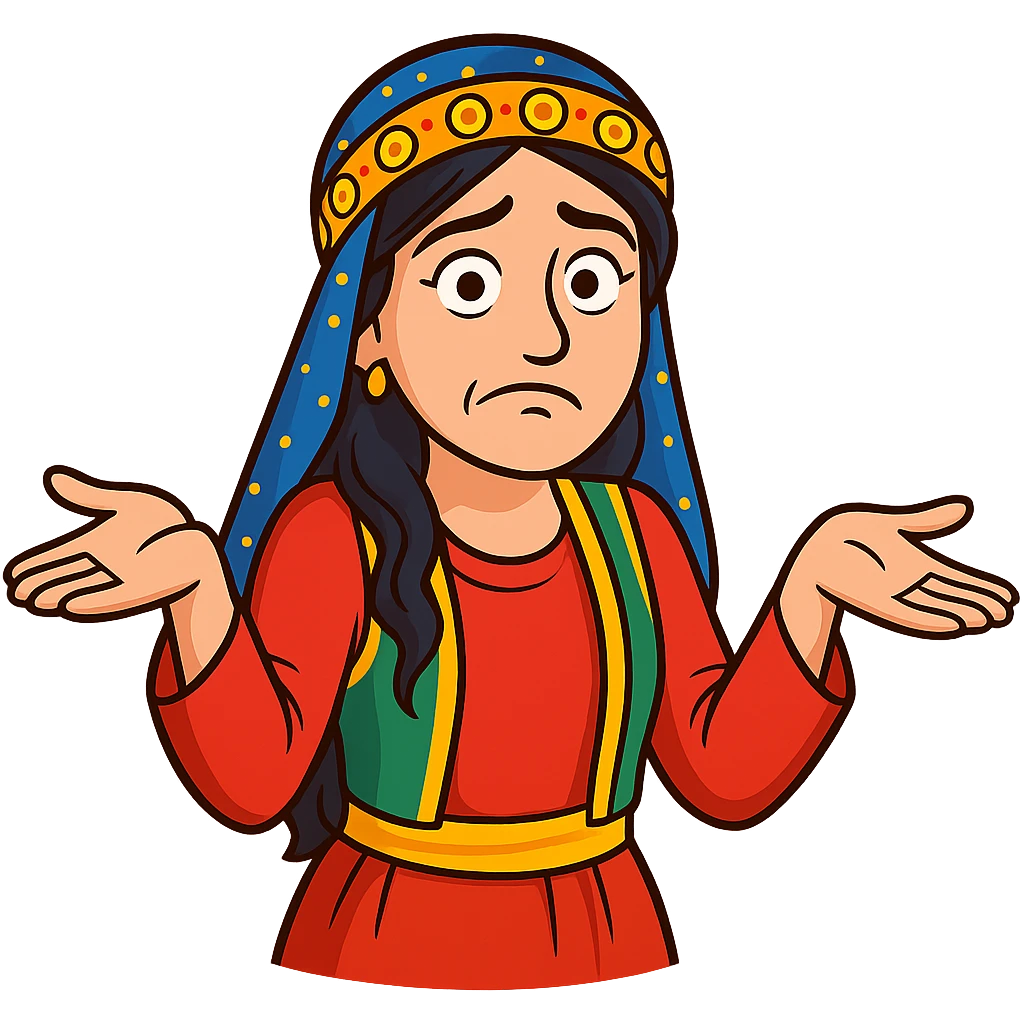 Create a colorful and cheerful cartoon sticker of a Kurdish woman wearing traditional Kurdish female clothing, with no shadows or color halos around the image. The face should have an indifferent or unsure expression with raised eyebrows and a closed or crooked mouth. Both hands are open with palms facing up, shoulders raised, and the body slightly hunched, exactly matching the pose in the reference images. No text, completely transparent background. Suitable for WhatsApp and Instagram. emoji