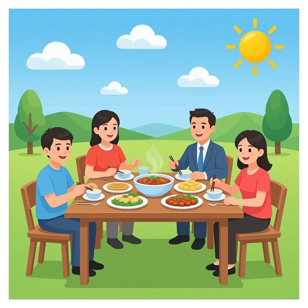 All Chinese food on a table with people emoji