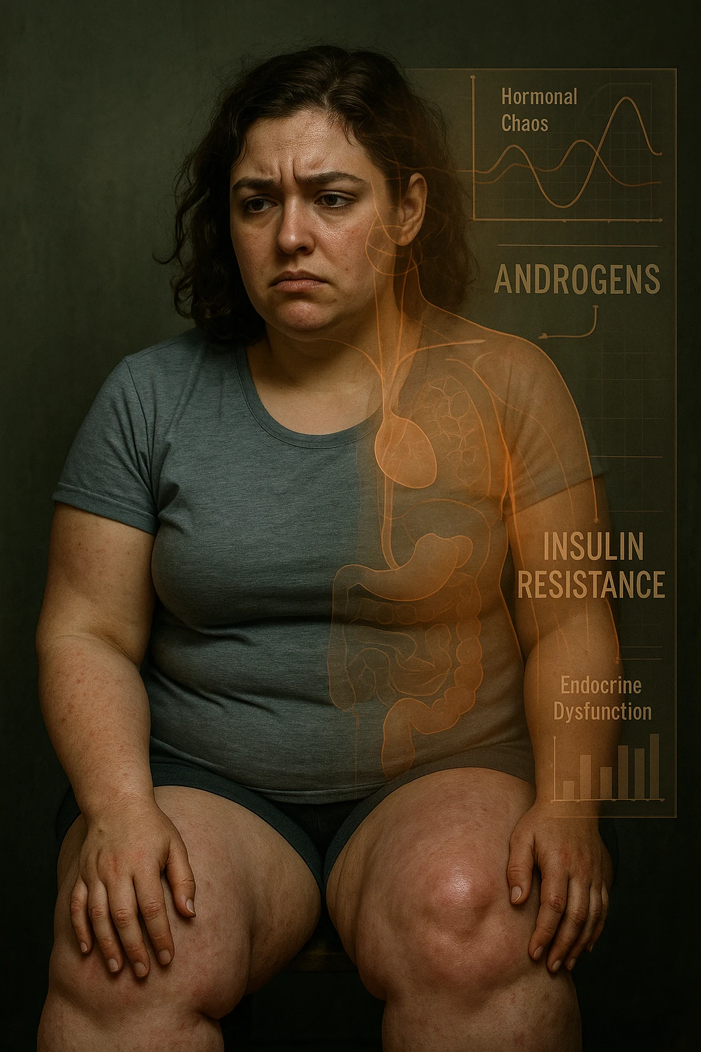 cinematic realistic Woman with PCOS struggling with hormonal chaos, transparent overlay showing elevated androgens and insulin resistance affecting her body, lipedema causing disproportionate fat accumulation in legs and arms despite normal torso, expression of frustration with unexplained weight gain, medical charts showing complex endocrine dysfunction, painful swollen limbs contrasting with metabolic confusion scrivi i testi in italiano emoji