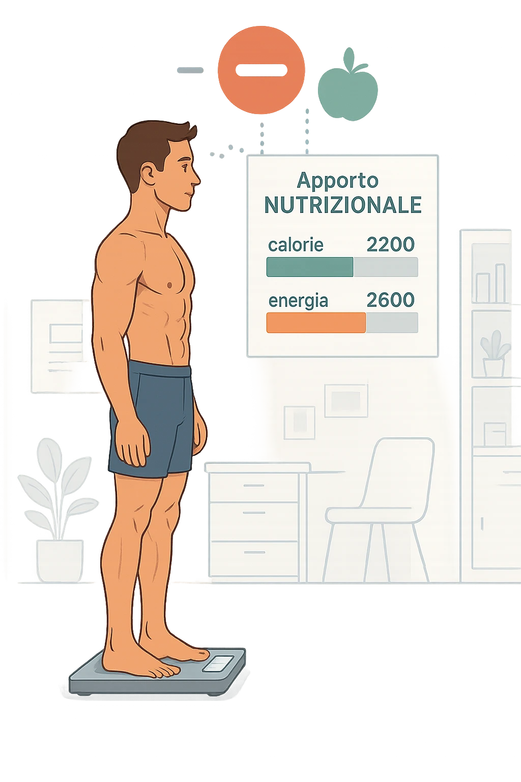 a man stands on a digital scale, looking at a nutrition chart that shows his daily calorie intake is lower than his energy expenditure. Floating icons above his head display a negative calorie balance, and his body appears slightly leaner, with visible muscle definition. The background is a modern clinic, emphasizing the concept of caloric deficit. scritto in italiano emoji