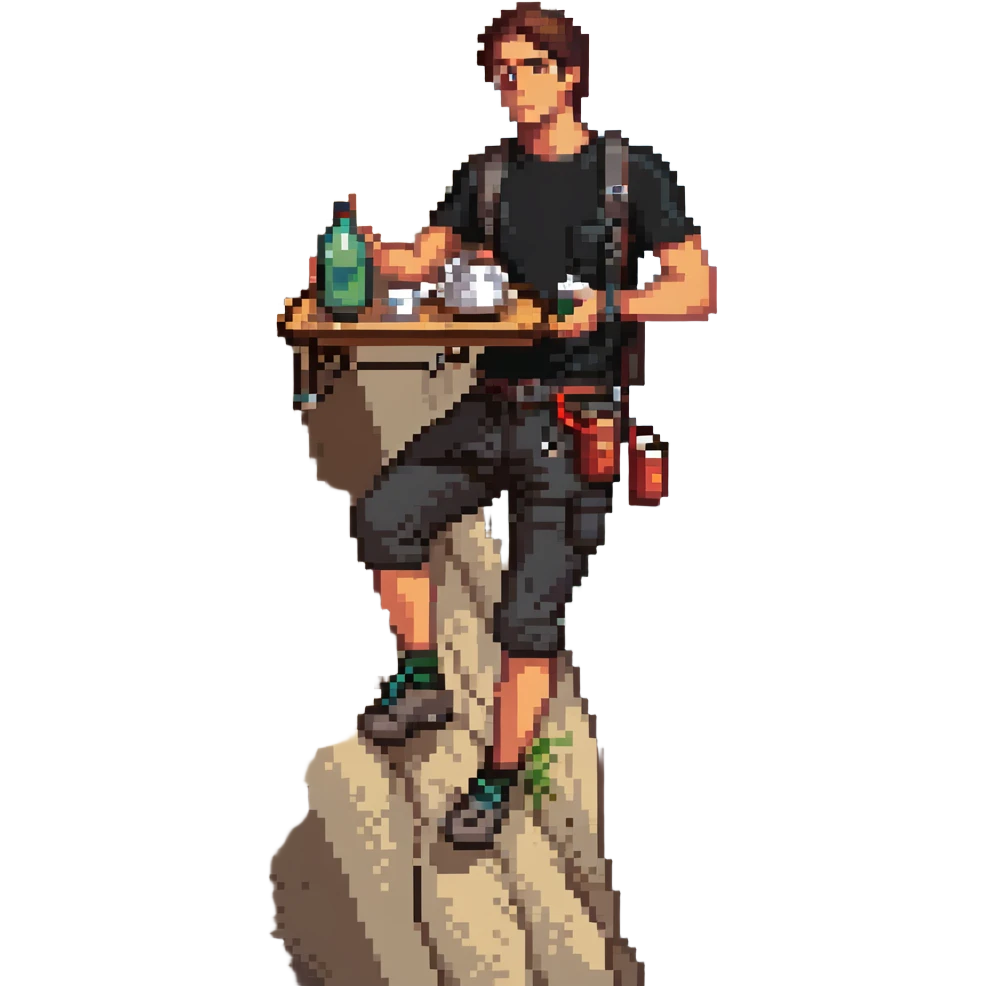 A guy rock climbing on a steep cliff in a black t-shirt with a waiter's tray in his hand emoji