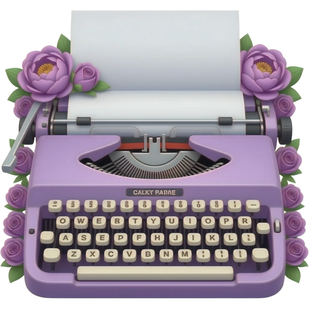 lavender purple bright aesthetic typewriter with lavender peonies and roses decorating the sides emoji
