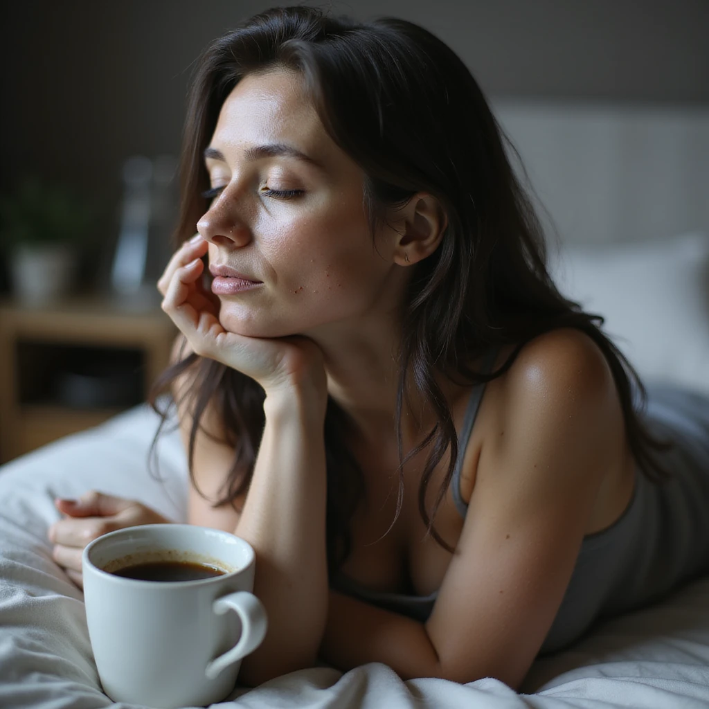 hyperrealistic 4K image of a woman with PCOS, eyes closed, face with acne and chin hair, thinning hair, slouched posture sitting on a bed, half-full coffee cup on the bedside table, home environment emoji