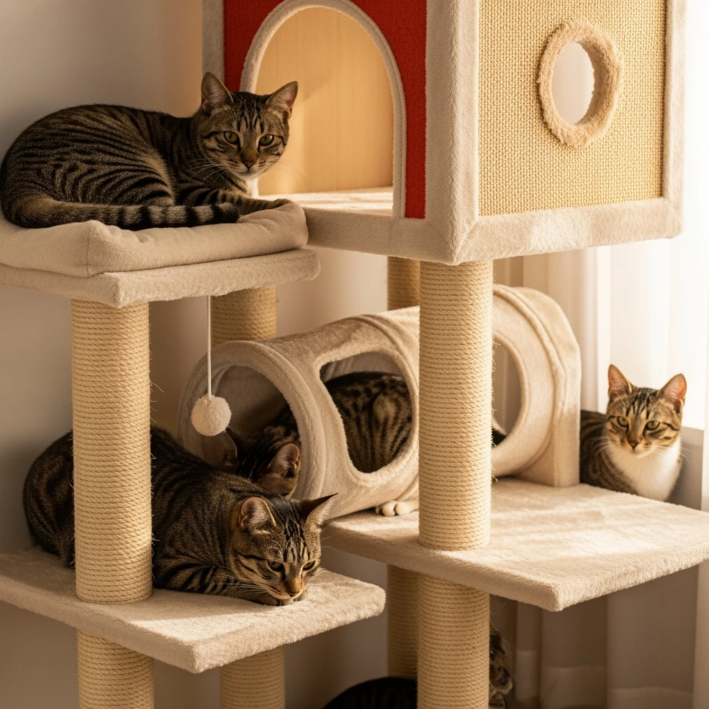cats relaxing in a vertical playhouse emoji