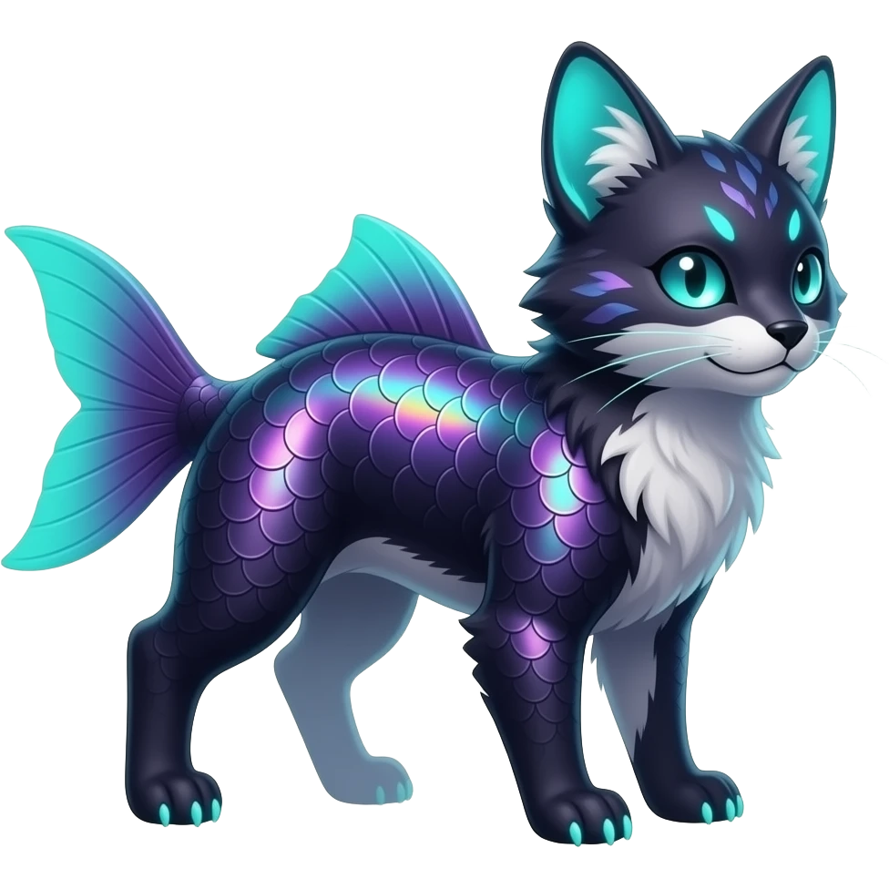 Realistic elegant furry iridescent-scaled slim smooth shiny glossy elegant mature bioluminescent oil-dark, purplish, neon-cyan-accented, fishy back-finned, abyss-fantasy-Lykoi-Bambino-Vaporeon-Umbreon-Civet-Fakémon-fusion, with thin neon-glowing bulb-whiskers, koi-piebald-flecked full body emoji