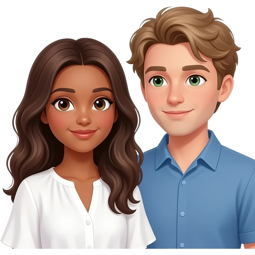a girl with tan skin, wavy long hair brown hair with middle part with dark brown eyes wearing a white flowy blouse and a guy with oval face slightly tan small green eyes and blond-brown shaggy hair wearing blue collar shirt and they are both in love emoji