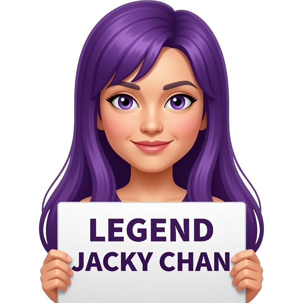sexy girl with long purple hair and purple eyes holding a LEGEND JACKY CHAN sign emoji