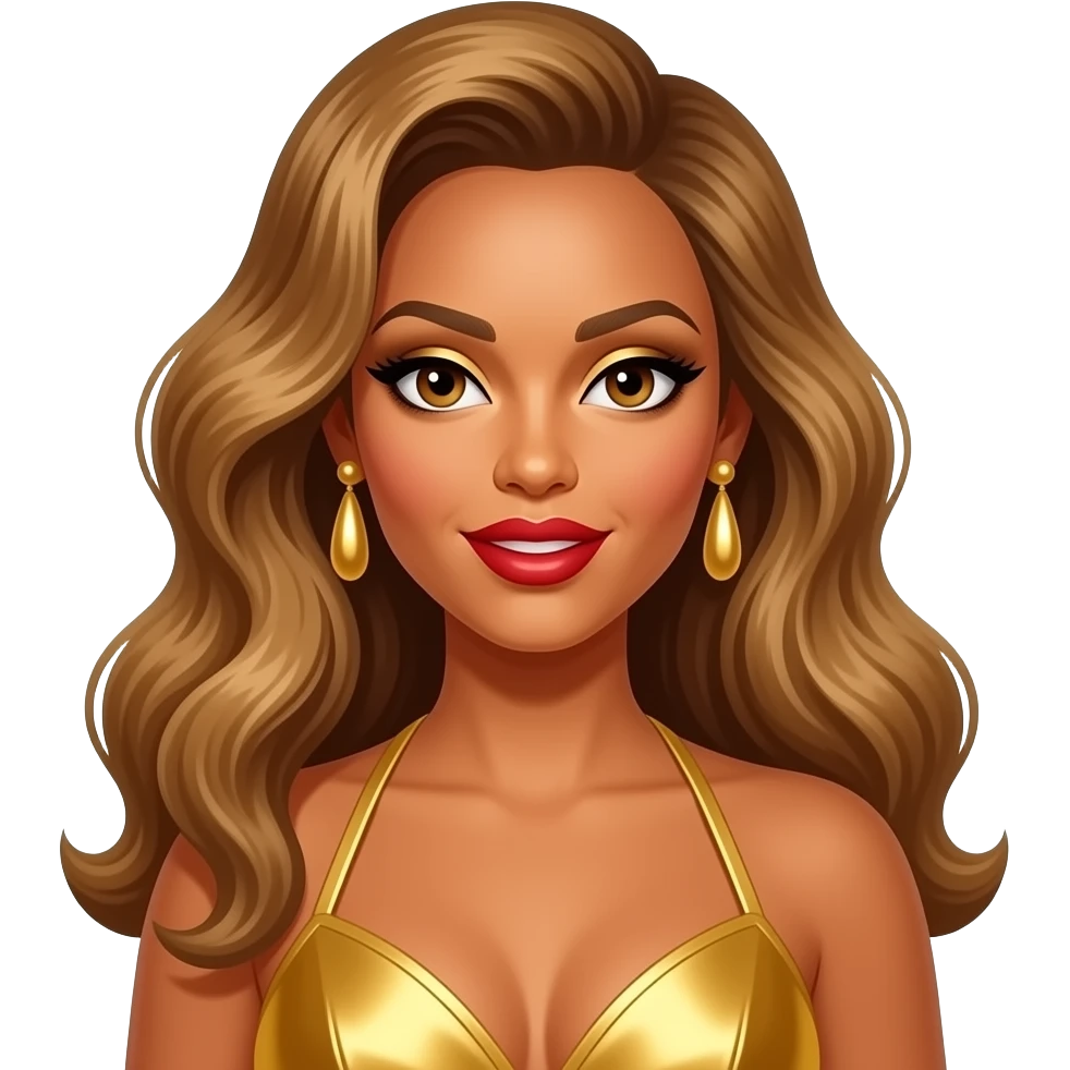 Beyonce with hazel eyes, long golden brown 60s beehive hair, gold eyeshadow, red lipstick, gold metallic halter dress, gold earrings emoji