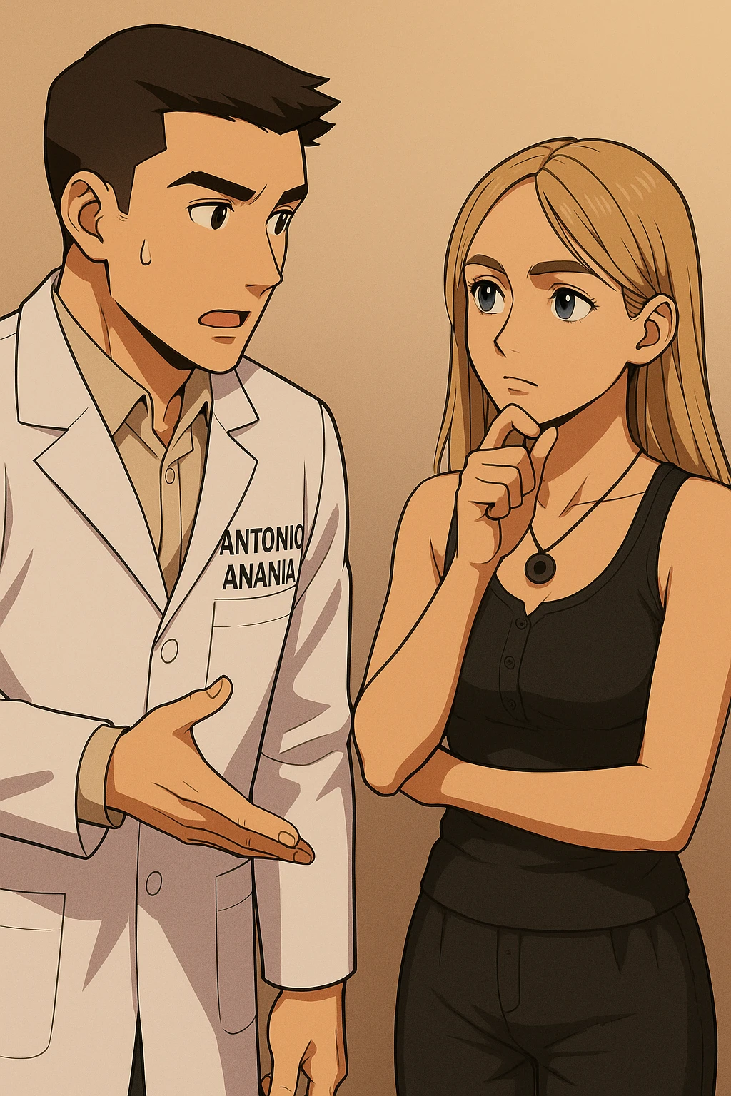 fai un webtoon/manga a colori con questo kinesiologo in camice bianco (fagli la scritta "ANTONIO ANANIA" SUL CAMICE) CHE PARLA CON QUESTA RAGAZZA CON GLI OCCHI AZZURRI. la ragazza HA UN DITO SUL MENTO MENTRE PENSIEROSA gli fa una domanda e IL KINESIOLOGO CON IL CAMICE BIANCO LE risponde. NON FARE I FUMETTI, FAI SOLO LORO COME SE DIALOGASSERO emoji