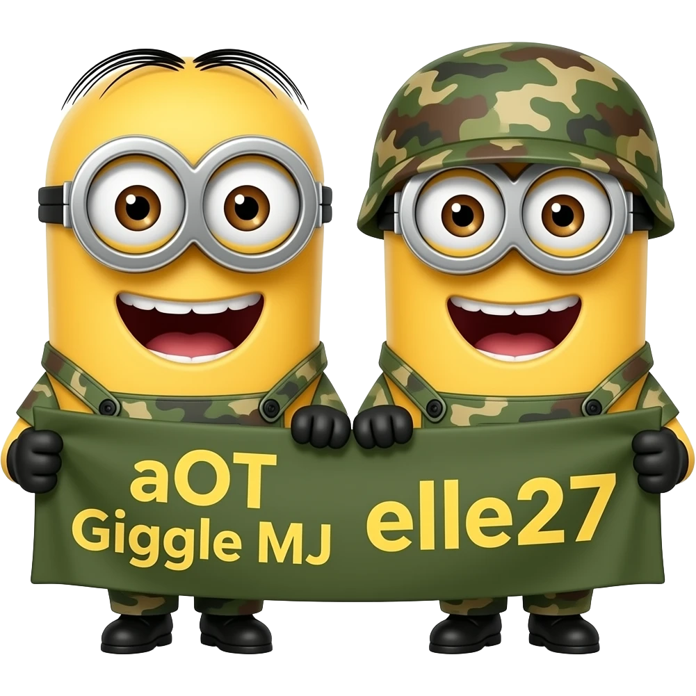 2 girl minions giggleing wearing army fatigues holding a banner text aOT Giggle MJ on 1 helmet elle27 on the other Chicks emoji