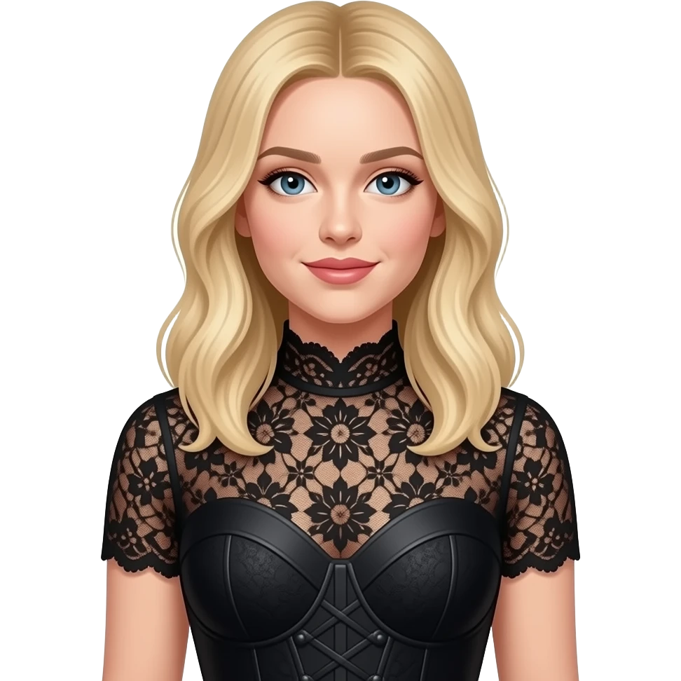 Sabrina carpenter blonde hair wearing a custom, archival-inspired black lace bodysuit with a structured, sweetheart-neckline bodice. emoji
