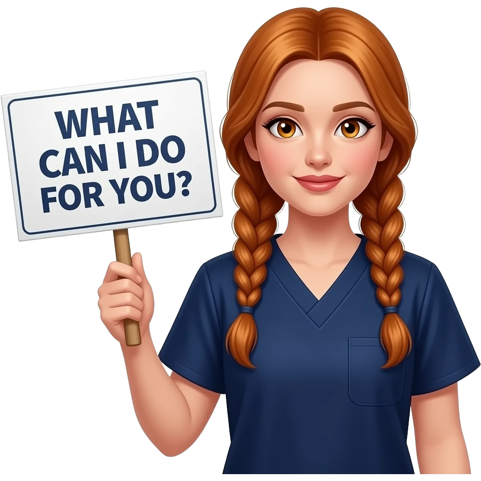 sexy girl with long ginger braids and ginger eyes wearing a dark blue scrubs is holding a sign with WHAT CAN I DO FOR YOU? written on it emoji