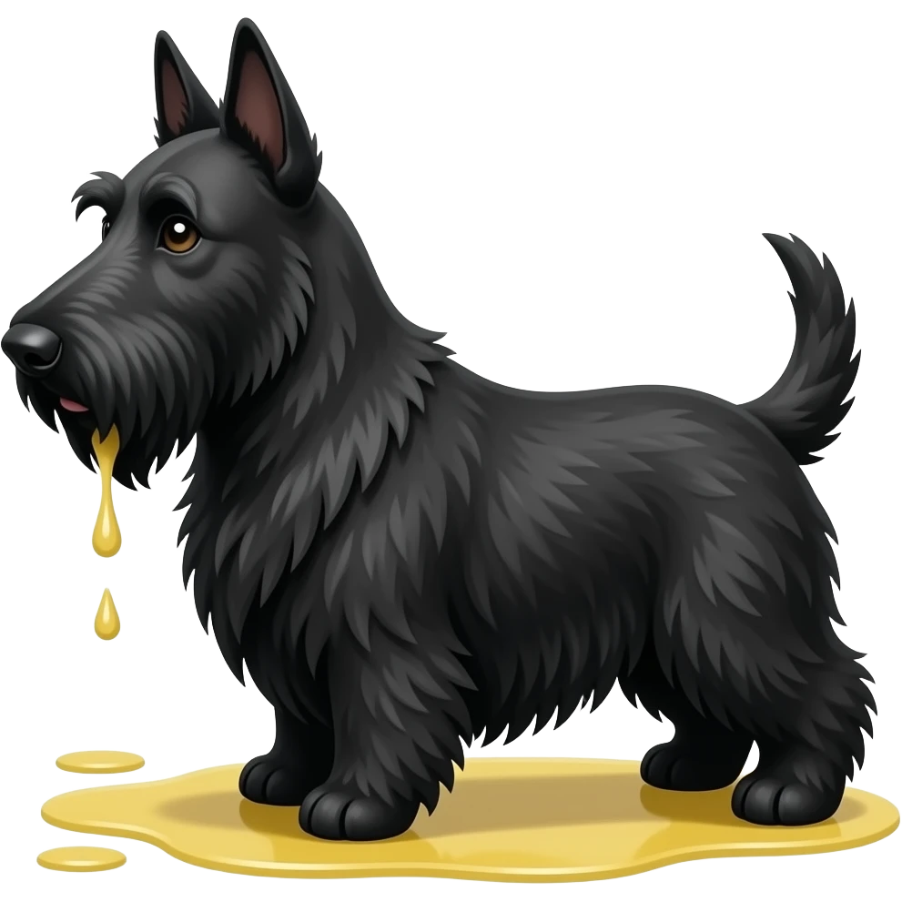 Black Scottie dog in profile with yellow urine on the floor under his back legs, white background emoji
