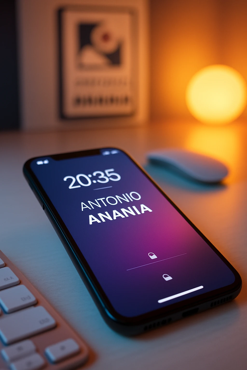 A photo of an iPhone on the desk with the message "Antonio Anania" on its screen, The phone sits atop a desk with a blurred background that suggests work environment. A faint glow from above casts gentle shadows across the surface of each object, creating depth and highlighting their textures emoji
