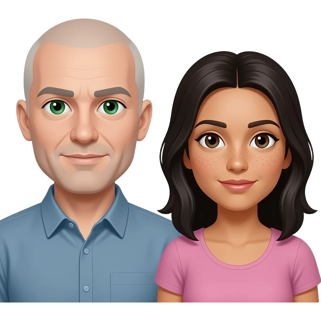Couple. Bald white man with green eyes, Hispanic woman with many small faded, freckles and dark hair. emoji