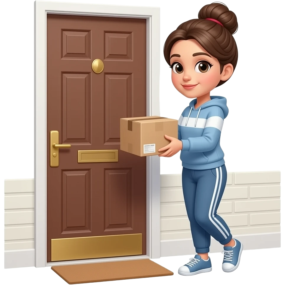 beautiful woman in a sweatshirt, sweat pants and a bun picking up her package outside her door emoji