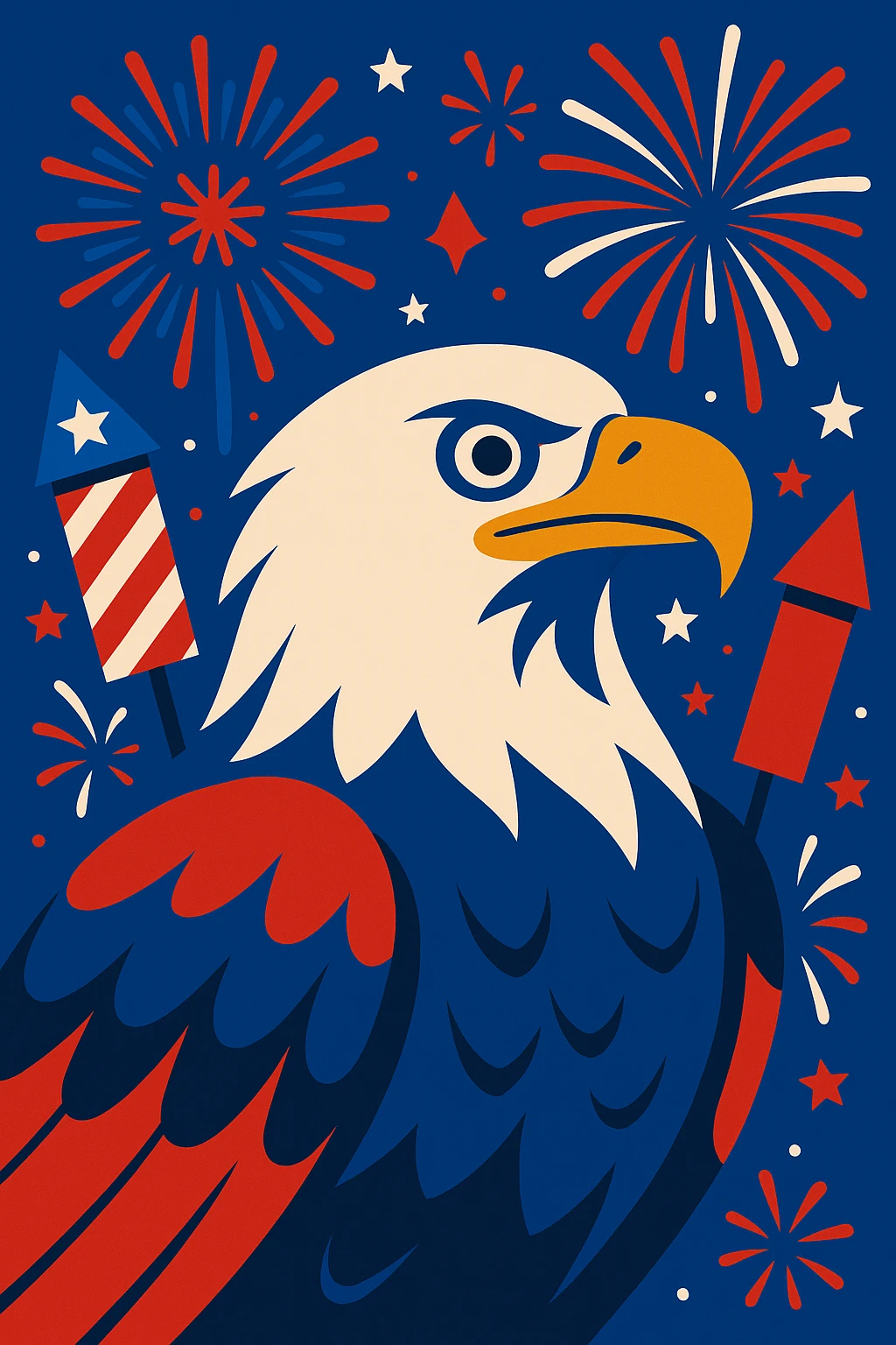 bald eagle with fireworks, patriotic, 4th of July, red white and blue colors emoji