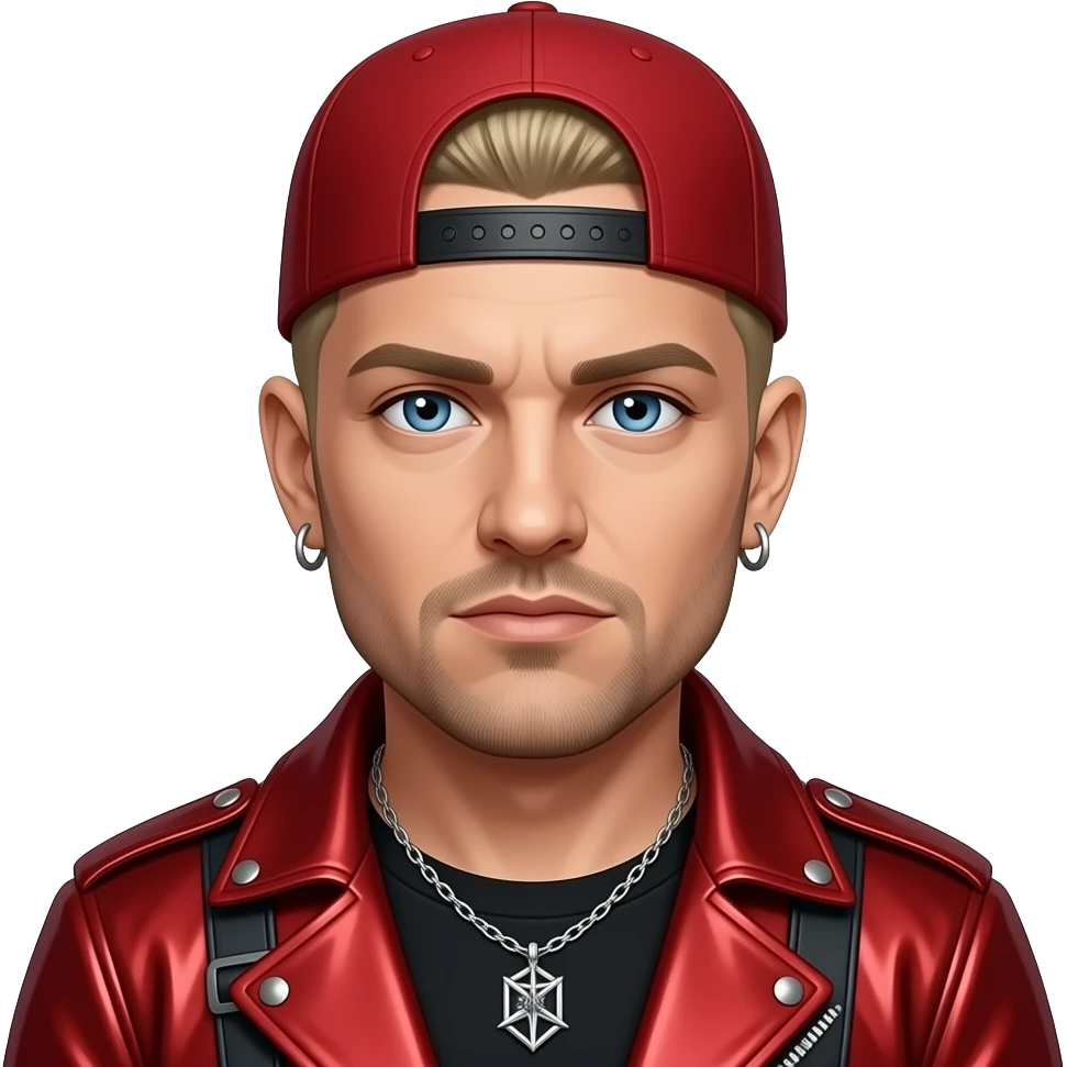 Fred Durst with blue eyes, blonde buzz cut hair, red cap, red metallic nu-metal outfit, necklace and earrings emoji