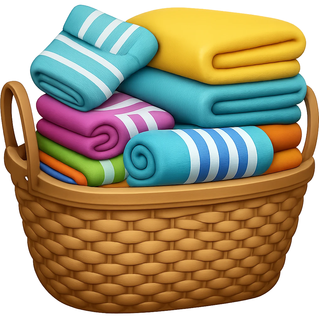 Add folded towels on top of the towels and socks overflowing in the wicker basket in emoji style, no background. emoji